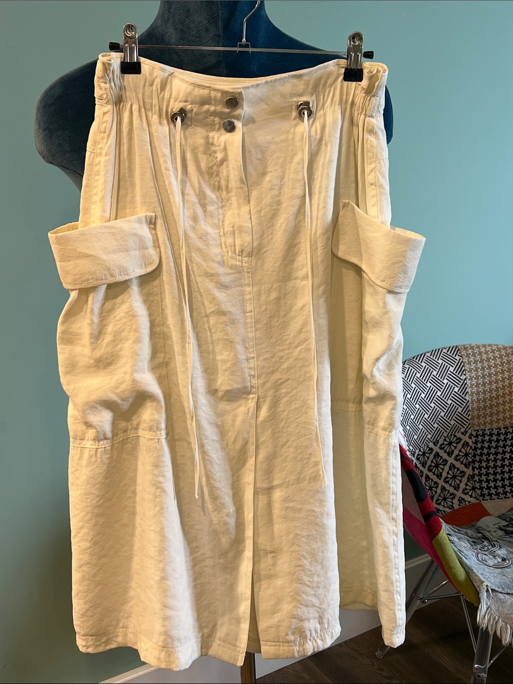 H&M Cream Wide-Leg Cargo Skirt-Pant with Drawcord